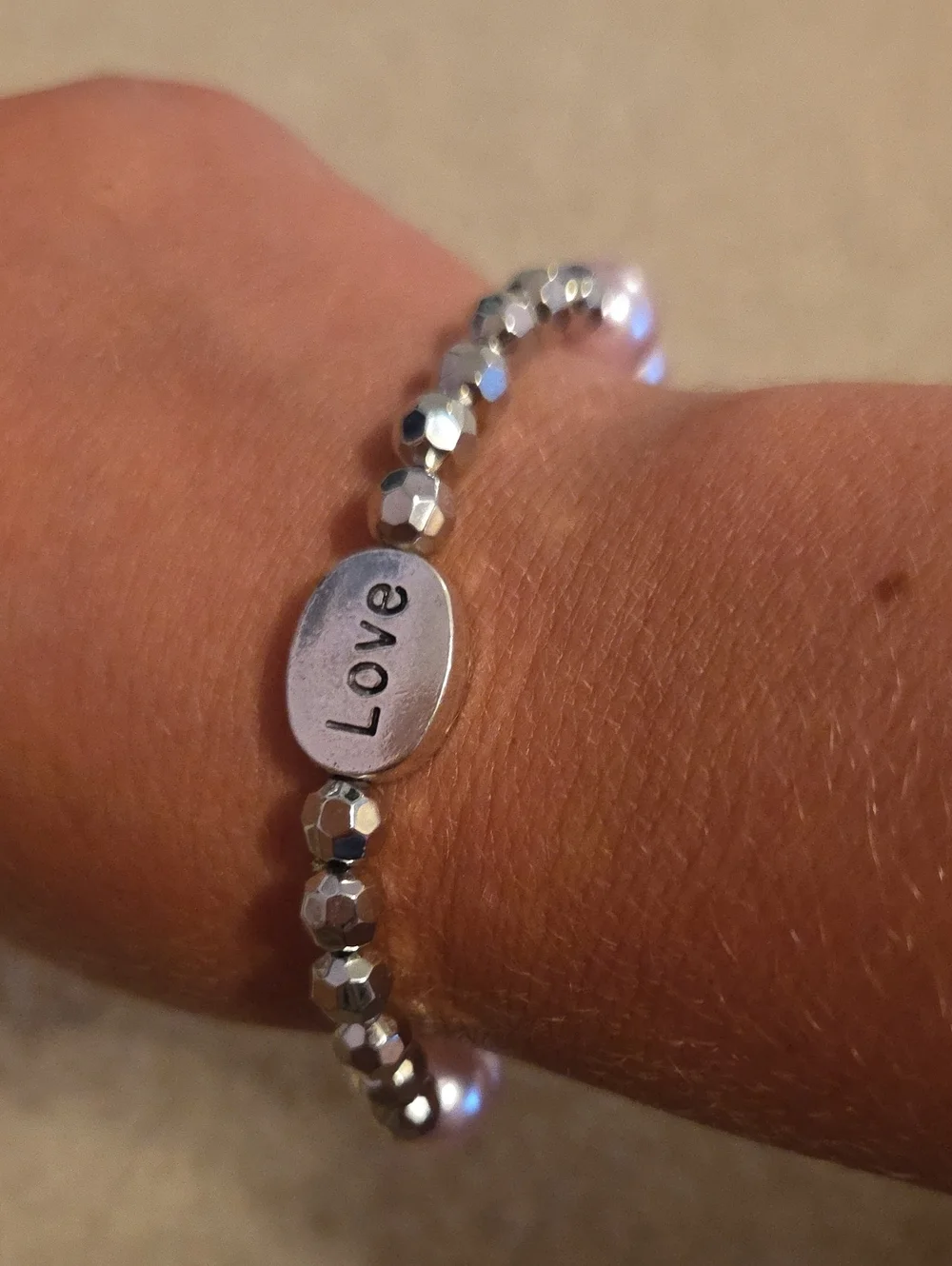 Silver And Pink 'Love' Beaded Stretch Bracelet
